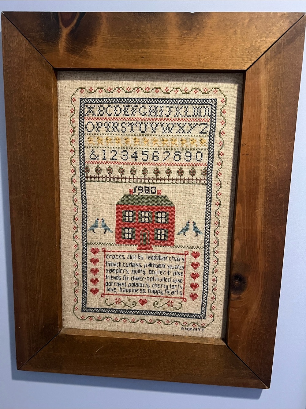 Vintage 1980 Wood Framed Cross Stitch Clocks Crocks And Ladderback Chairs